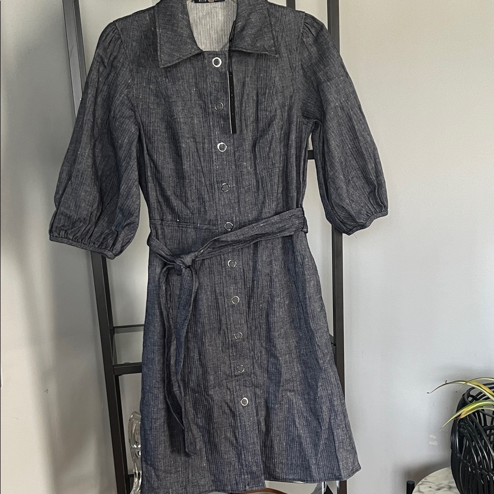 Elie Tahari Gray Button-Up Midi Dress